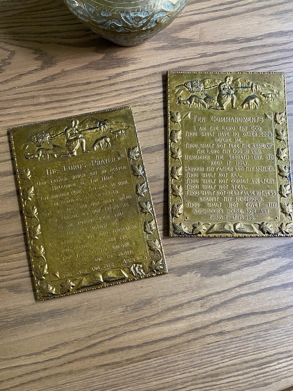 Vintage Brass Lords Prayer Plaque Ten Commandments Plaque Made In England Set